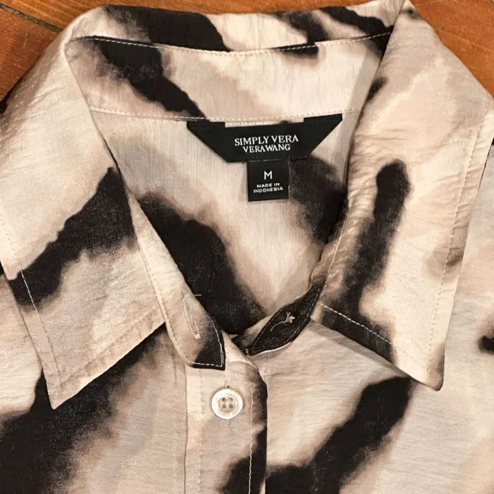 Black and cream zebra print button up blouse with tie at wrist and ruffle cuff - Picture 3 of 7